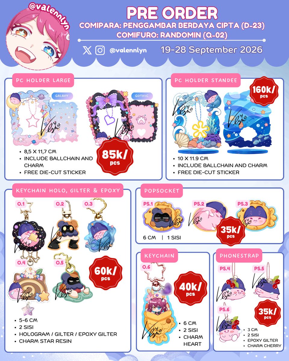 Valennlyn's tweet photo. ✦🩷&amp;🔄Thankyou!✦
My Pre Order #CF23 #Comipara7 is open!

🌟: Comipara (D-23) CF23 (Q-02) || Both Days
🗓️: 19-28 Sep 2026

ʚ• Original - Omori - DR1/2/V3 - HSR - Vocaloid - KPDH- Silent hill f •ɞ  

NEW ENTRIES: Danganronpa dj

🔽Form Link
#CF23catalogue #Comipara7catalogue https://t.co/d5cEBA3HMl