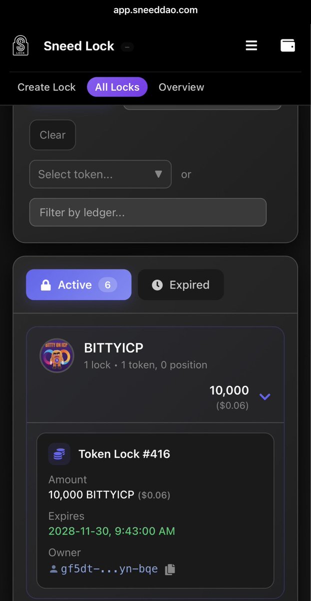 BITTYICP's tweet photo. I have successful tested out @icsneed locking. This was a test, before I move over 5% $BITTYICP supply over and create a wallet lock for 2 years. 

The focus is to continue to grow our community and develop. Ensuring a future 

#sneed #Lock #Bittyonicp #icp https://t.co/IuBvxhpJC4