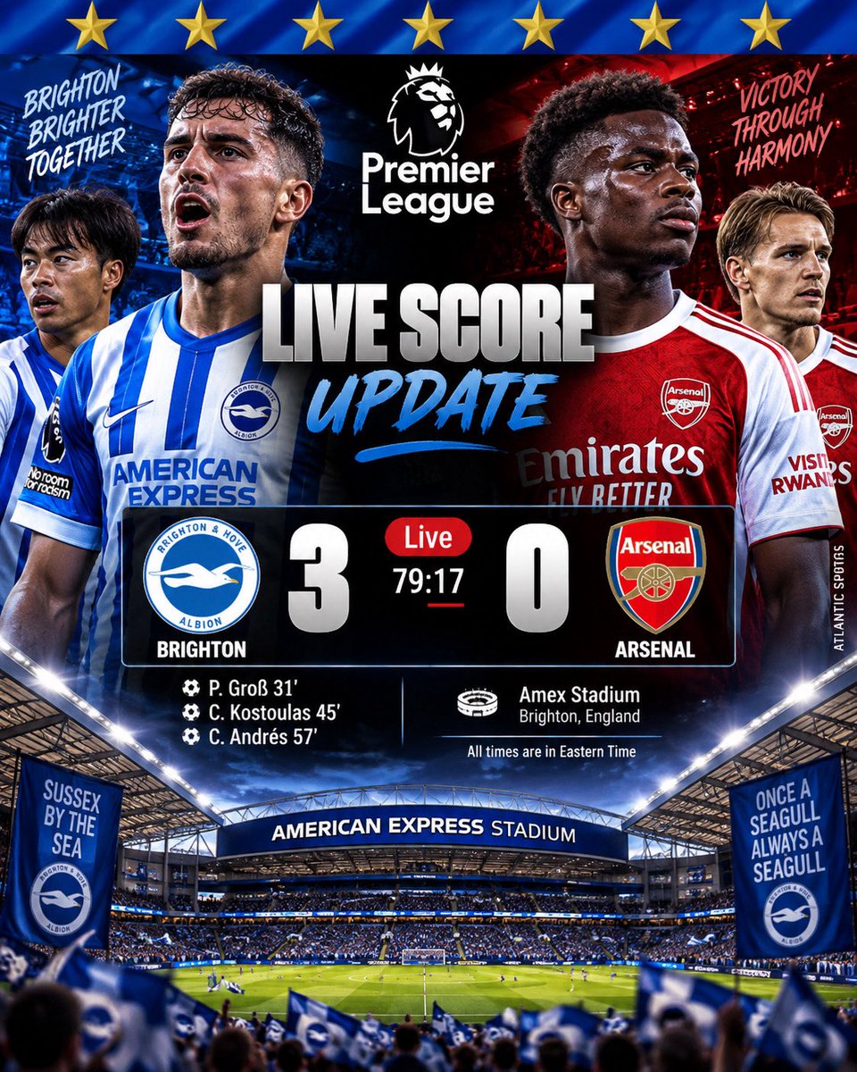 AtlanticSportz's tweet photo. 🔥 BRIGHTON IN DREAMLAND! Arsenal Rocked 3-0 🕊️

#Brighton #Arsenal #PremierLeague #BHAFC #AtlanticSports https://t.co/OrJ8qhGvwW
