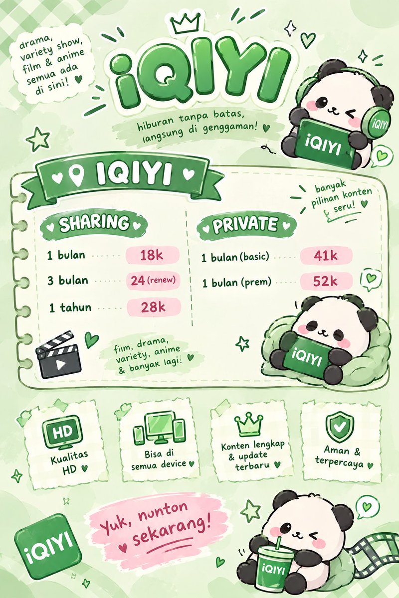yomilma2's tweet photo. 💚 𓂃 ࣪˖ ִֶָ IQIYI TIME!
lagi cari tontonan buat nemenin malam? 🎬
drama seru + harga bersahabat = combo yang pas ✨
tinggal pilih paket, beres deh urusan nonton~
📩 minat? langsung spill lewat chat yaa 🍀
https://t.co/iEQGaNUHVf https://t.co/RlA4hBUUiC