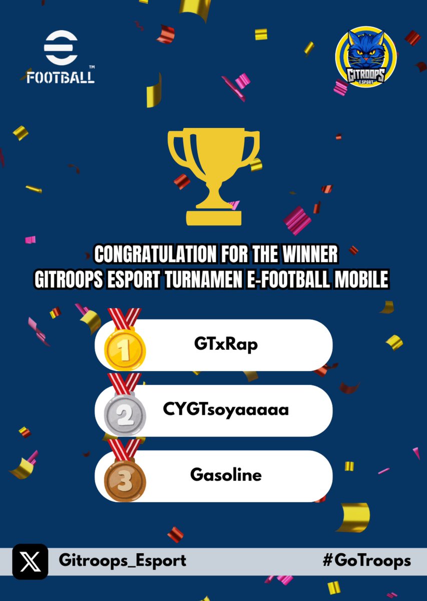 Gitroops_esport's tweet photo. Selamat untuk para Juara  🙌

🥇🏆 GTxRap / Gitroops / @fadlyfdd
🥈CYGTsoyaaaaa / Cellineyours / @Arisenaaaaa
🥉Gasoline / Centralkarta / @ruangbagas

Terima kasih untuk semua yang sudah berpartisipasi dalam turnamen ini. 🔥
Next ? 👀

#GoTroops
#GitroopEsport https://t.co/aLS6SWlOV9