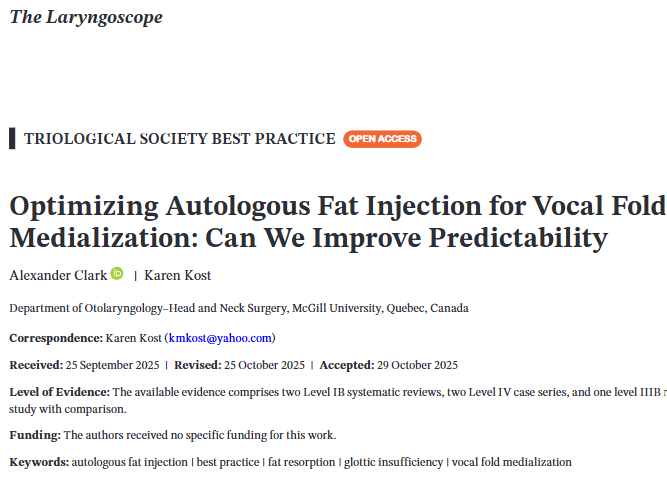 Triological's tweet photo. What are the keys to making autologous fat injection for vocal fold medialization more predictable and effective? Discover the latest evidence and expert recommendations in this new Best Practices paper from The Laryngoscope: https://t.co/AJm2fj0Yer https://t.co/g8YKvEFxdt