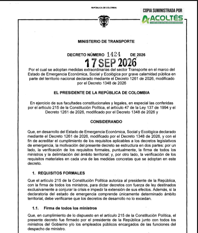 Acoltes's tweet photo. ¡Atención Sector Transporte!  Desde ACOLTÉS, agradecemos al Gobierno Nacional por la expedición del Decreto 1424 de 2026, un valioso respaldo que acoge nuestras solicitudes para aliviar a las empresas afectadas por el terremoto de agosto
Link del Decreto: https://t.co/iDLq0qt2Y5 https://t.co/ApSLtPgGNK