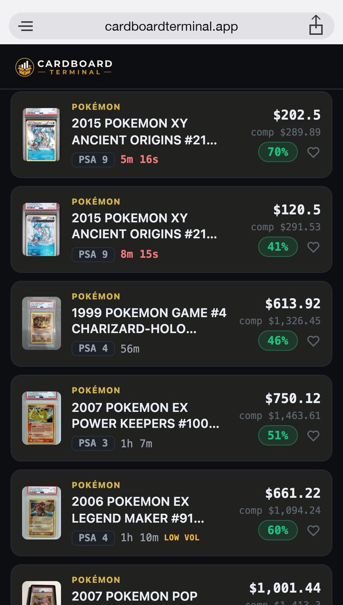 ProfPokeQuant's tweet photo. I built a live feed that finds graded card auctions ending below market value. This is what it looks like right now.

Completely free if you want to check it out.