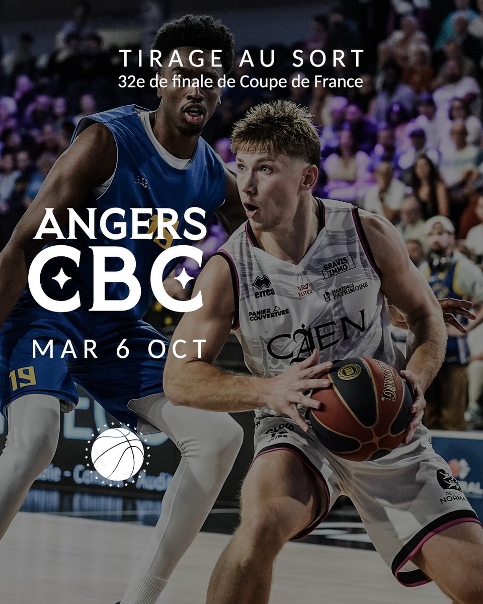 CaenBC14's tweet photo. 🏆 Tirage effectué !
Après avoir battu Évreux vendredi, le Caen Basket Calvados ira défier Angers, le mardi 6 octobre (20h), en 32e de finale de la Coupe de France.
Angers évoluant en Nationale 1, les locaux partiront avec 7 points d'avance.

#CBCFamily https://t.co/FkM3aPln25