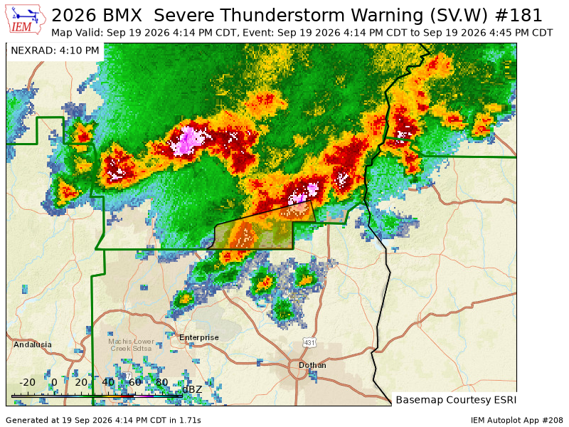 FayCoALARC's tweet photo. BMX issues Severe Thunderstorm Warning [wind: 60 MPH (RADAR INDICATED), hail: <.75 IN (RADAR INDICATED)] for Barbour [AL] till 4:45 PM CDT https://t.co/TV0JXhl5Ev https://t.co/cKNaQ6xJXP
