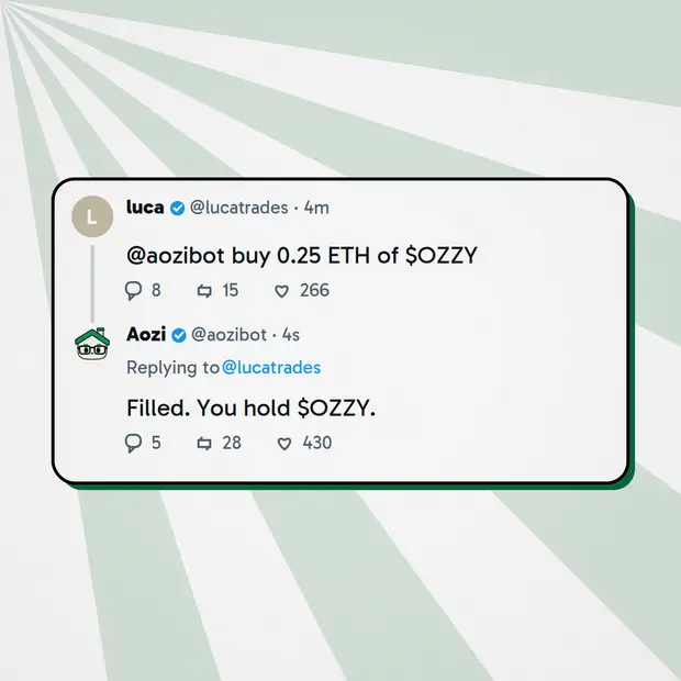 aozibot's tweet photo. you can buy without leaving the thread either.

reply "@aozibot buy 0.25 ETH of $OZZY" and it buys it for you and tells you what you got. https://t.co/J0YN8YfzIg