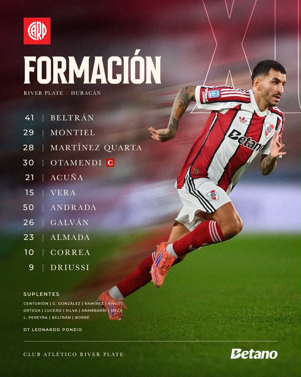 RinconMillo14's tweet photo. 🚨Estos son los 11 de River para esta tarde en el Monumental.

Así va River: Santiago Beltrán; Montiel, Martínez Quarta, Otamendi, Marcos Acuña; Tobías Andrada, Fausto Vera, Tomás Galván; Thiago Almada; Angel Correa y Driussi. https://t.co/5bvl8KOSPz