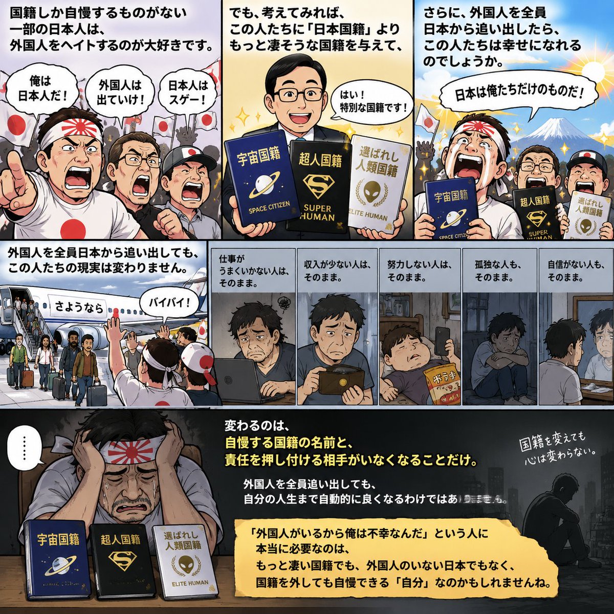 vplusasia's tweet photo. 国籍しか自慢するものがない一部の日本人は、
外国人をヘイトするのが大好きです。

「俺は日本人だ！」
「外国人は出ていけ！」
「日本人はスゲー！」

🤣🤣🤣

でも、考えてみれば、

この人たちに
「日本国籍」よりもっと凄そうな、

「宇宙国籍」
「超人国籍」
「選ばれし人類国籍」

でも与えて、

さらに外国人を全員日本から追い出したら、
この人たちは幸せになれるのでしょうか。

たぶん、

仕事がうまくいかない人は、
そのまま。

収入が少ない人は、
そのまま。

努力しない人は、
そのまま。

能力を身につけない人も、
そのまま。

孤独な人も、
そのまま。

自分に自信がない人も、
そのまま。

変わるのは、

自慢する国籍の名前と、
責任を押し付ける相手がいなくなることだけ。🤣

外国人を全員追い出しても、
自分の人生まで自動的に良くなるわけではありません。

「外国人がいるから俺は不幸なんだ」

という人に本当に必要なのは、

もっと凄い国籍でも、
外国人のいない日本でもなく、

国籍を外しても自慢できる「自分」なのかもしれませんね。🤣