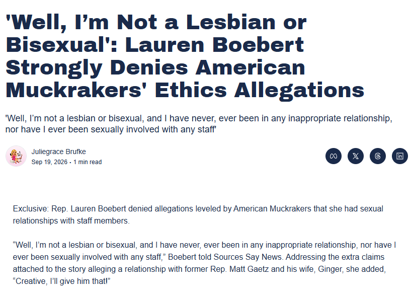 AmericanMuck's tweet photo. Our response to @LaurenBoebert/@RepBoebert denial of our story about her sexual relationship with 2 female and 1 male staffer, paying $200K in hush money, and giving an ex lover a 5 month no work, ghost job:

"Lauren Boebert's actions speak a lot louder than her words.

When we published a story about her drunken ATV accident with her son and dog in the back, and that injured her sister-in-law, son, in Moab, UT, the Denver Post reported she responded, she "never drinks alcohol." That is disproved by the NY Post story about her being cut off from alcohol at a NY party: https://t.co/7AQXdeBEMX

When Boebert was confronted by a Shooters Cafe ex-employee's wife about breaking up their marriage, she responded that she never had sex with that man. The NY Post disproved her lie: https://t.co/YovrEflRlh

When confronted about smoking pot, being inebriated, and fondling Quinn Gallagher at a BeetleJuice play, she said, "guilty to laughing and singing too loud!"

Lauren Boebert clearly has a problem telling the truth and taking responsibility for her actions.

We stand 100% by our story and sources. Read the full story and the complaint and ask yourself, why would I perjure myself over this person and risk a criminal trial? I live with three school-age children and would never risk my freedom or their futures.

Regarding my motivation, my job is to expose Lauren Boebert for the fraud she is with facts. I have a problem with politicians that pretend to be Christian, anti-LGBTQ, and for law and order, but then play the "laws for thee, not for me" card.  

We have, and will continue, to report on Lauren Boebert and her crime family without fear and at personal and financial sacrifice.

If Lauren Boebert or anyone else believes we are lying for political points or because I want attention, please sue me. I'll personally accept service; DM for my home address. My lawyer and I have beaten Boebert in Colorado Federal Court once, and we'll do it again.

Ms. Boebert thinks God is only on her side and that the rules don't apply to her. That may be true, but the facts are on our side.

Finally, if any journalist, pundit, news anchor, or podcaster wants to debate this story or challenge my reporting, please DM me. I'll show up anywhere and anytime and bring my story notes. I have nothing to hide.

We'll have more on this story and new details on Monday.

David B. Wheeler
American Muckrakers