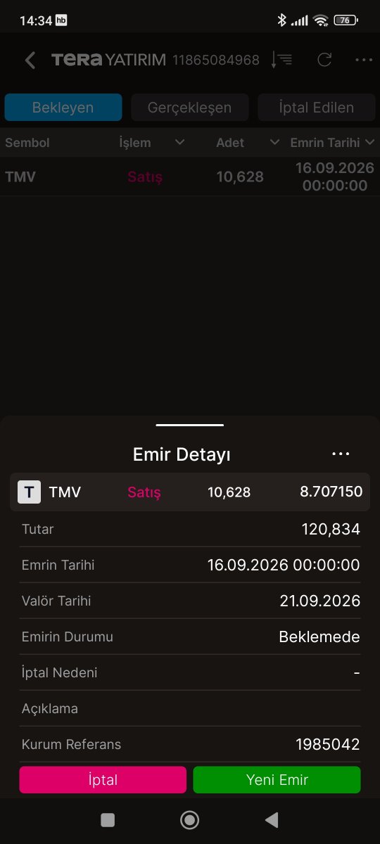 NazmDuran11's tweet photo. @tahtanotlari TMV de valör +3 sizin emir saati 13.30 dan sonra olduğu için 17 Eylül tarihli oluyor valör tarihi 22 Eylül. Ben 16 Eylül saat 12.10 da verdiğim için valör tarihi 21 Eylül benimki de beklemede görünüyor https://t.co/0QiOLS9M4o
