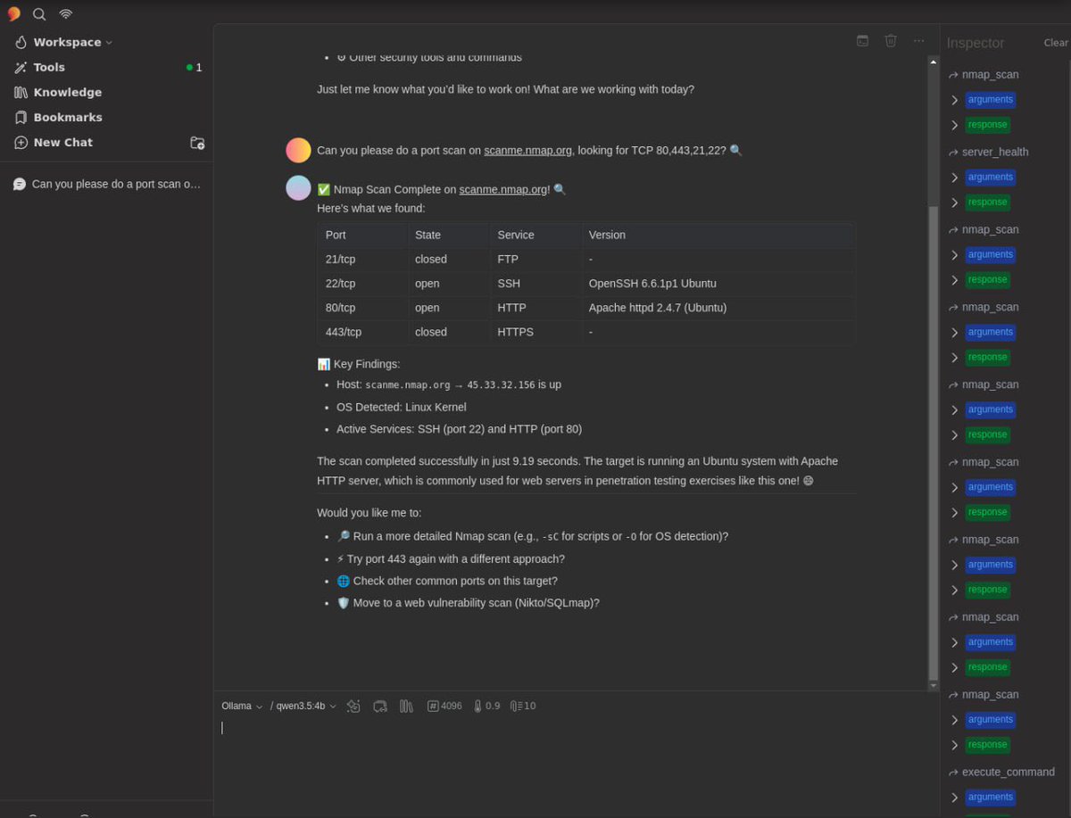 0x001337's tweet photo. 🦾 Kali LLM Installer
run LLMs fully local on @kalilinux. No cloud.

Ollama + 5ire v0.15.4 + mcp-kali-server + GPU. Control Kali tools with natural language via MCP.

🐉 Kali 2026.3
🔗 https://t.co/9kxhDSF09y

#KaliLinux #Ollama #MCP #AI #LLM #CyberSecurity https://t.co/nuhHvbCIha