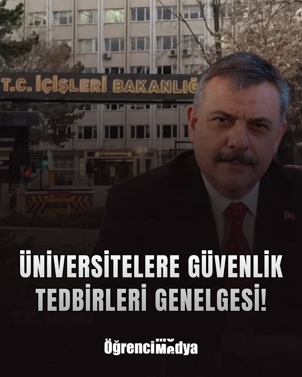 Ogrncmdy3's tweet photo. Üniversitelere Güvenlik Tedbirleri Genelgesi!

İçişleri Bakanlığı, açılış öncesinde üniversitelere "Güvenlik Tedbirleri Genelgesi" gönderdi. 

Buna göre, yerleşke içerisinde eylem/etkinliklerin yoğun olarak yapıldığı alanlarda kapalı devre kamera sistemleri kurulacak, aydınlatma ve güvenlik kamera sistemleri düzenli aralıklarla kontrol edilecek.

"İstihbarat faaliyetlerine ağır verilecek" denilen genelgede, muhalif öğrencilerin; kayıt zamanı, kampüs ve çevresi ile öğrenci yurtları, terminal, gar, havalimanı vb. yerlerde bilgilendirme stantları açması engellenecek.

Öğrencilerin barınma sorunu için yaptığı eylemleri önlemek için ise "Barınma sorunu bulunan ve/veya maddi durumu yetersiz olan öğrencilerin gerektiğinde kamu kurum ve kuruluşlarına ait misafirhanelere yerleştirilmesi, barınma ve maddi destek konusunda sivil toplum kuruluşlarıyla da iş birliği yapılması" şeklinde bir madde genelgede yer aldı.

Yasaklar sosyal medyayı da kapsama alıyor: öğrenci örgütlülükleri, "terör örgütü" olarak adlandırılarak, sosyal medya hesaplarına karşı gerekli işlemlerin yapılması isteniyor.
