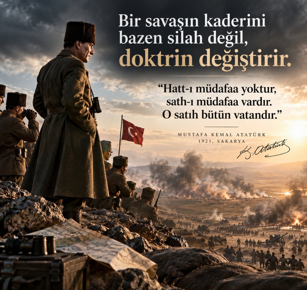 SERDARKOLD9767's tweet photo. Bir savaşın kaderini bazen silah değil, doktrin değiştirir.

“Hatt-ı müdafaa yoktur, sath-ı müdafaa vardır. O satıh bütün vatandır.”

Sakarya, yalnızca bir meydan muharebesi değildi. Savunmanın sınırı artık bir cephe hattı değil, vatanın kendisiydi.

Mustafa Kemal Atatürk, 1921. https://t.co/a36eBiElTr