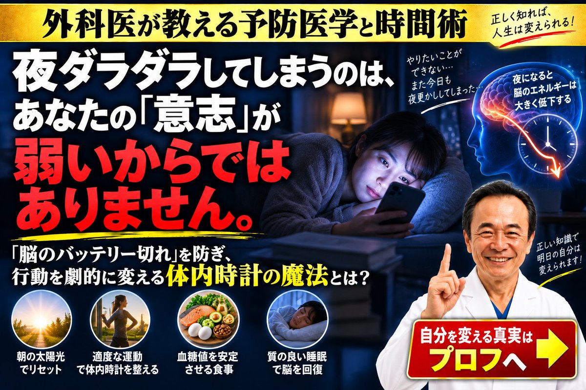 mtsh_tnk's tweet photo. ⚠️「夜ダラダラしてしまうのは、意志が弱いからではありません」

外科・内科医として40年、多くの患者さんを診てきた私がお伝えする「外科医が教える予防医学」の基本です。夜の脳はバッテリー残量5%のスマホと同じ。そこに気合いで鞭を打つと、自律神経が壊れます。

気合いではなく、体内時計という「生化学の力」を利用して自分を動かす、究極の時間術を解説します。

▼メスを入れる前に日常を立て直す「再設計図」はプロフへ✨

#朝活 #時間術 #予防医学 #体の再設計
