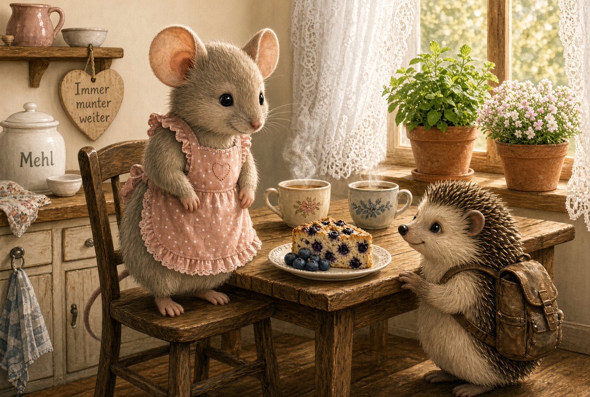 canvasblau's tweet photo. Es klopft.
Der Igel steht in der Küche.
Kein Zelt. Nur Besuch.
Zwei Tassen.
Das Stück vom Blech reicht für zwei.
Nichts Lautes.
Immer munter weiter.
🐭🦔💛

#DieMaus #ImmerMunterWeiter #GrokImagine #Igel https://t.co/8lG8YB8POE