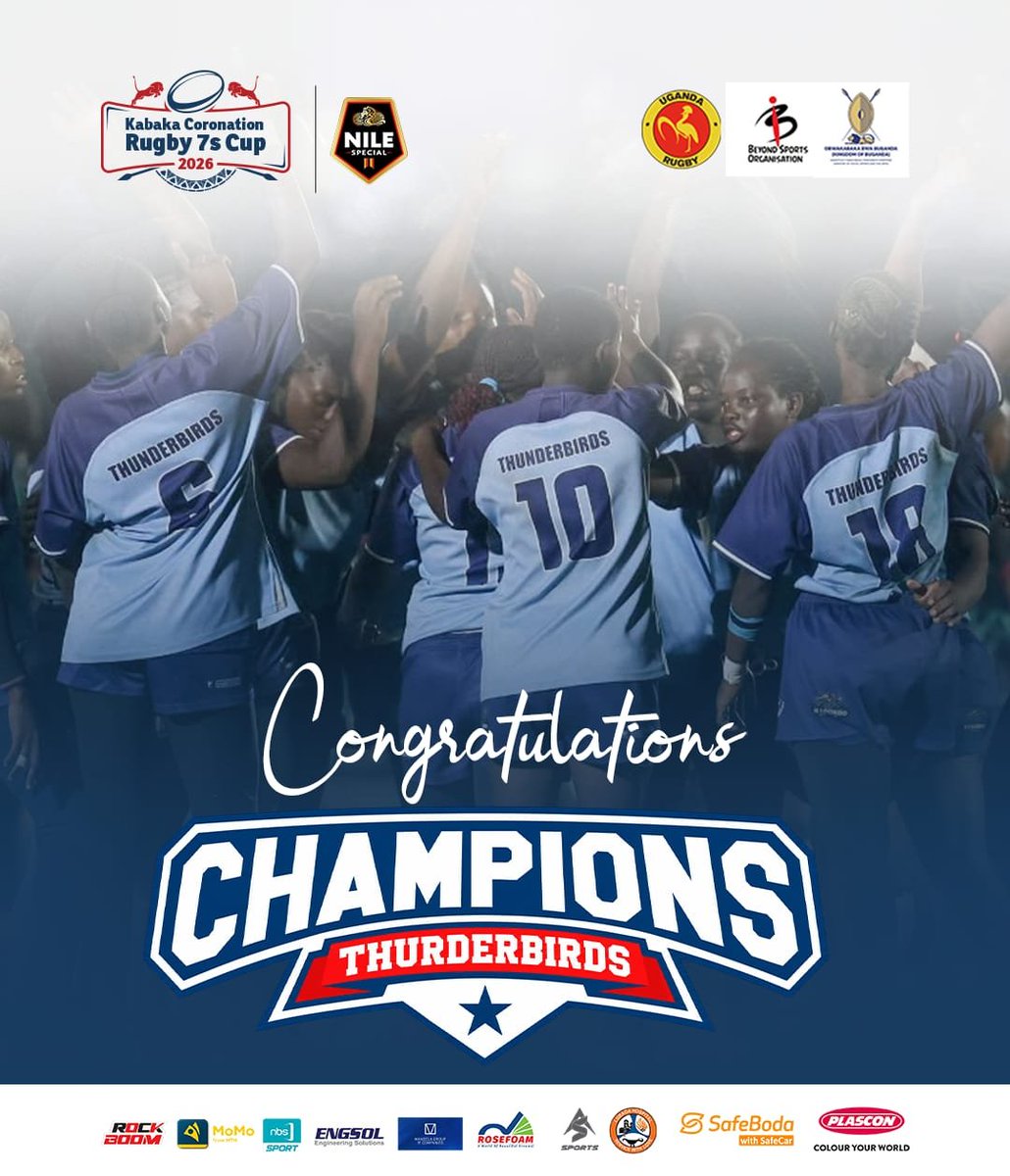 Coronation7s's tweet photo. Thunderbirds and Platinum Credit Heathens are 🏆CHAMPIONS🏆 of the 2026 #KabakaCoronation7s and Overall Champions of the 2026 Uganda Rugby 7s Series.

#UgandaRugby https://t.co/ox8yFgiYC6