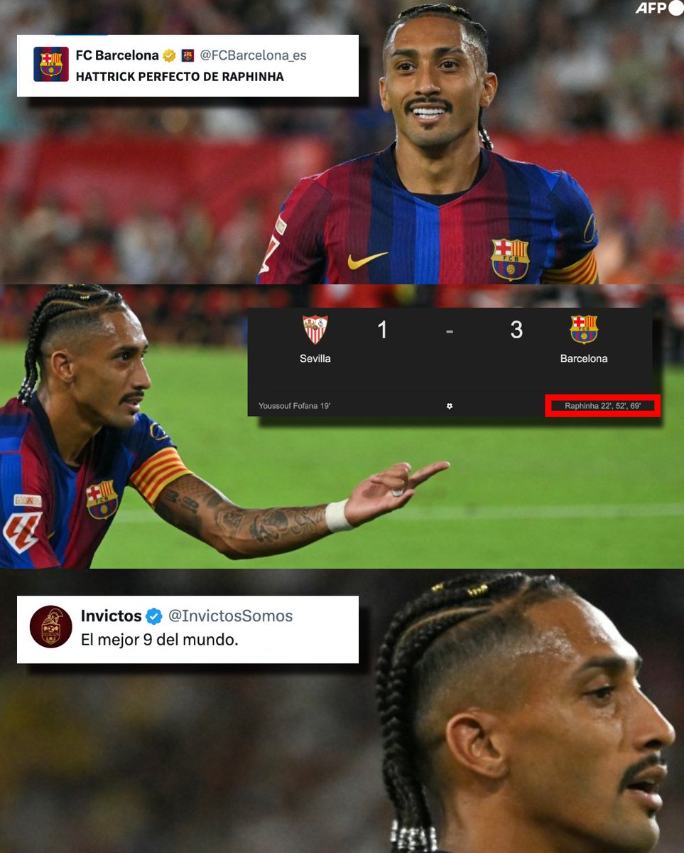 InvictosSomos's tweet photo. ¡¡HOY VIMOS UN SHOW HISTÓRICO DE RAPHINHA!!

➤ Hoy marcó con la derecha.
➤ Hoy marcó con la izquierda.
➤ Hoy marcó de cabeza.
➤ Hoy firmó un HAT-TRICK PERFECTO.
➤ Hoy lideró la remontada del FC Barcelona.
➤ Hoy volvió a ser el MVP total de su equipo.

El mejor 9 del mundo en la actualidad.

EL MEJOR JUGADOR DEL MUNDO EN EL INICIO DE LA NUEVA TEMPORADA.