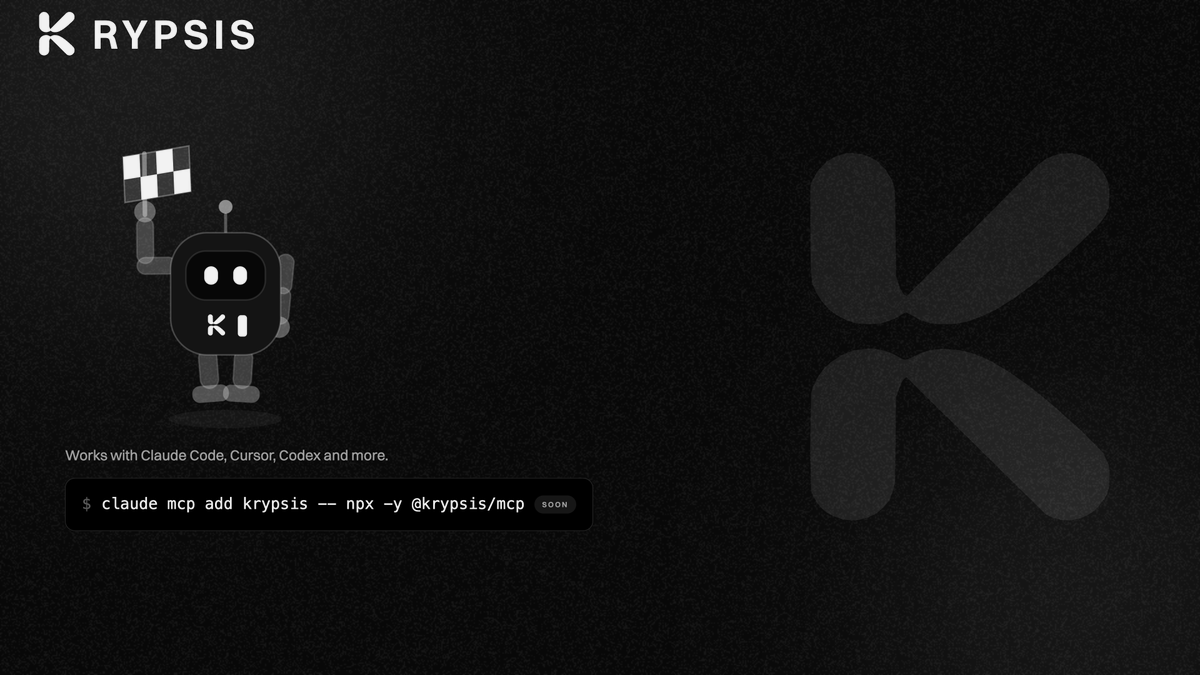 KrypsisNetwork's tweet photo. Krypsis MCP.

Your AI agents can swap and send on Robinhood Chain without leaving a trace.

One command to install. Your agent gets the same private routes you use: no wallet connection, no account, no custody. The deposit goes to a one time address and the tokens arrive at the address you named.

Works with Claude Code, Cursor, Codex and more.

c̶l̶a̶u̶d̶e̶ ̶m̶c̶p̶ ̶a̶d̶d̶ ̶k̶r̶y̶p̶s̶i̶s̶ ̶-̶-̶ ̶n̶p̶x̶ ̶-̶y̶ ̶@̶k̶r̶y̶p̶s̶i̶s̶/̶m̶c̶p̶

Soon.