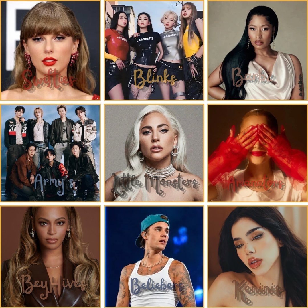 DFGloball's tweet photo. Top 9 most toxic fandoms in history.

🥇 Swifties — Taylor Swift
🥈 Blinks — BLACKPINK
🥉 Barbz — Nicki Minaj
4. ARMY — BTS
5. Little Monsters — Lady Gaga
6. Arianators — Ariana Grande
7. BeyHive — Beyoncé
8. Beliebers — Justin Bieber
9. Keninis — Kenia Os https://t.co/yZ9QwYbApJ