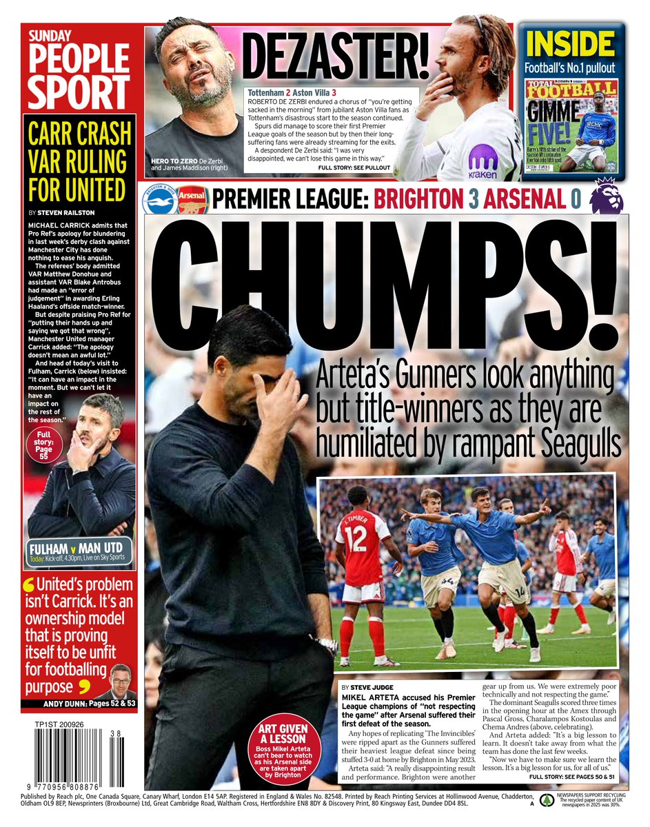 AndyGibsonTV's tweet photo. "CHUMPS!"
Steve Judge for @PeopleSport

Mikel Arteta said his Premier League champions did not respect the game after Arsenal were humiliated at home by Brighton And Hove Albion, their first league defeat of the season.

#SundayPeople
#TomorrowsPapersToday