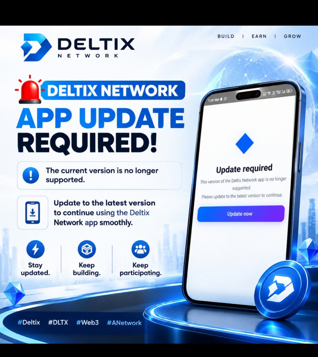 jerry_eva04's tweet photo. P🚨 Deltix Network App Update Required!

The current version is no longer supported.

📲 Update to the latest version to continue using the Deltix Network app smoothly.

⚡ Stay updated. Keep building. Keep participating. 💎

#Deltix #DLTX #Web3 #ANetwork https://t.co/wGpGEZNEwd