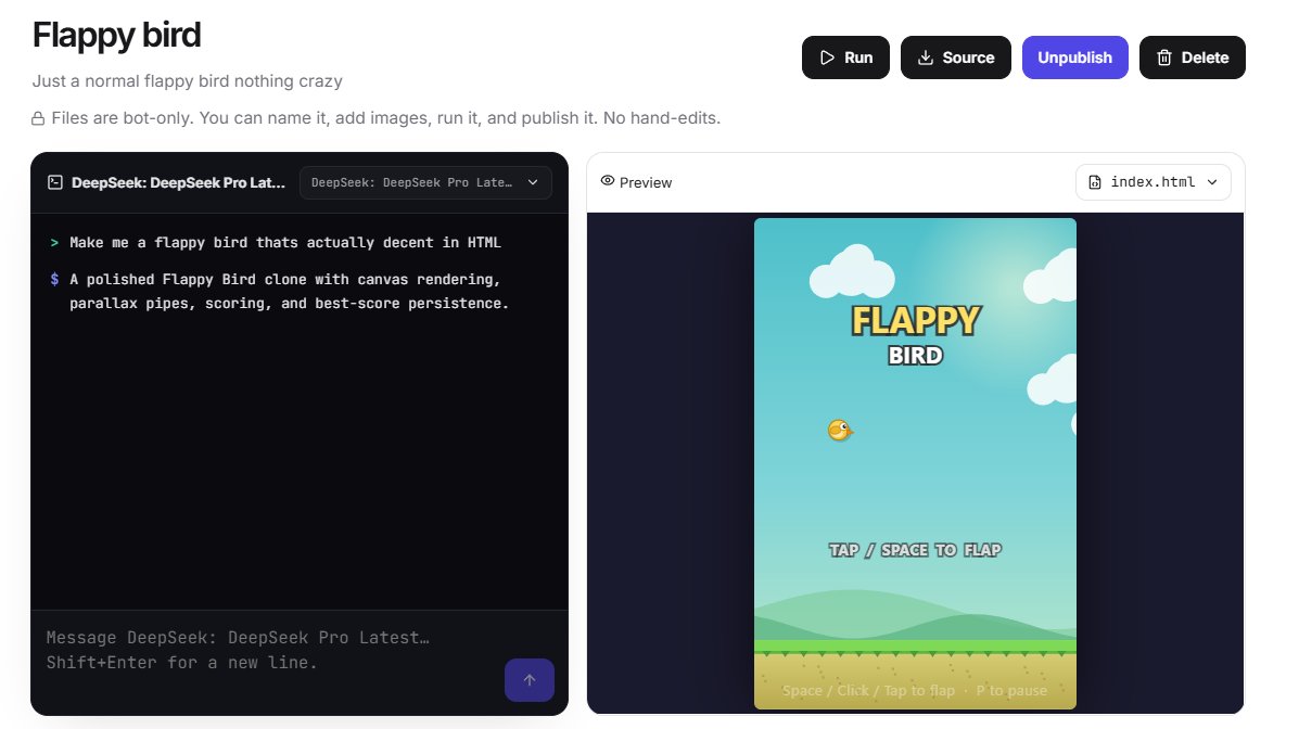 tokenspump's tweet photo. Building the first flappy bird on tokens 🐤

Using Deepseek pro model inside the projects section coming soon on our website!

https://t.co/89AkrQVkZM https://t.co/8OHQ82verl