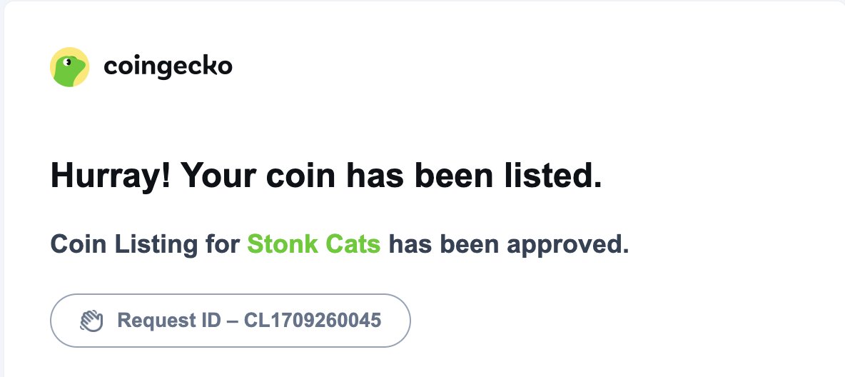 stonkcatsnft's tweet photo. solana:9h5AzEQzYu9CV5K6uLtFRMD1KcbxZSFNxZEgBTNfw5Na is now verified on @coingecko! https://t.co/w25Ygb9Yyi