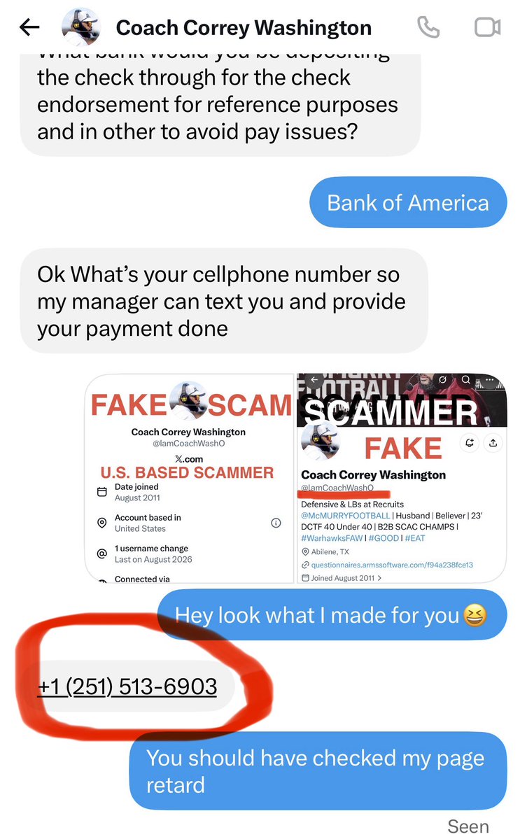 JaredGarnell28's tweet photo. This Scammer sent me his phone number. 251 area code, southwest Alabama, Mobile, Daphne, Pritchard https://t.co/DUVOZRy9BI
