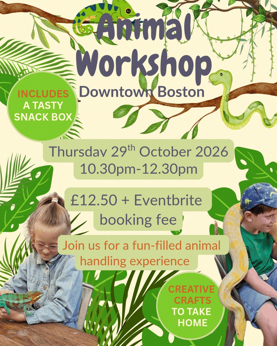 LizzetteScsu's tweet photo. ANIMAL WORKSHOP AT DOWNTOWN BOSTON! Thursday 29 October 2026, 10:30am–12:30pm 
Downtown Superstore, Boston 
Wyberton Chain Bridge Road, A52, PE21 7NL

Limited spaces—book via the events link in our bio. Suitable for ages 4–11. Enjoy a hands-on https://t.co/s1OBrzMuoO