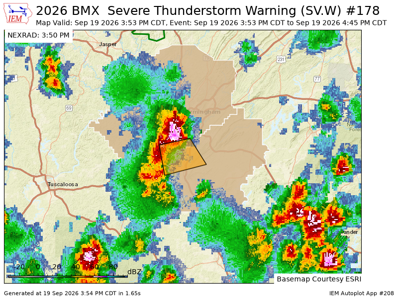 FayCoALARC's tweet photo. BMX issues Severe Thunderstorm Warning [wind: 60 MPH (RADAR INDICATED), hail: <.75 IN (RADAR INDICATED)] for Jefferson, Shelby [AL] till 4:45 PM CDT https://t.co/uktPnhUSQz https://t.co/20BFIywk4E