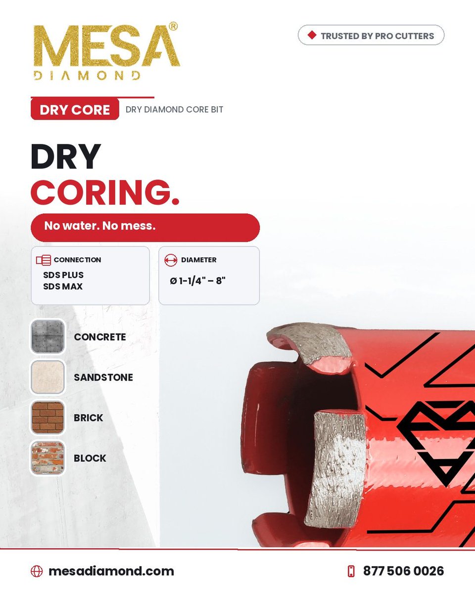 mesadiamondusa's tweet photo. No water, no mess. The MESA DRY CORE diamond bit drills clean, fast holes in concrete, sandstone, brick and block — dry coring for anchor and install work. 877 506 0026

#corebit #drydrilling #masonry #construction #mesadiamond https://t.co/SBAgxxkkFa