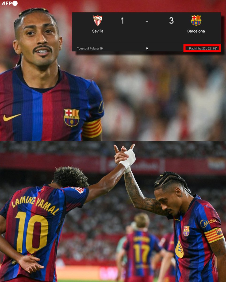 InvictosSomos's tweet photo. ¡¡ÚLTIMA HORA: EL FC BARCELONA VENCIÓ AL SEVILLA CON SHOW DE RAPHINHA Y LAMINE YAMAL!!

Lo volvieron a hacer. 

Otra noche de triunfo para el equipo de Hansi Flick. 

El gol tempranero de Fofana hizo que se exigieran más de lo esperado, pero lograron la misión del sábado. Y sí, con HAT-TRICK de Raphinha y DOBLETE DE ASISTENCIAS de Lamine Yamal, el FC Barcelona venció al Sevilla en la cancha del Ramón Sánchez Pizjuán. 

Raphinha sigue INTRATABLE. Y aunque no es 9 nominal, está siendo el mejor centrodelantero del mundo en el inicio de la nueva temporada. Lamine Yamal respondió a los abucheos y silbidos con jugadas mágicas. Y Rodri Hernández fue clave dirigiendo en la mitad del campo y con una salvada justo antes del descanso.

Los culés se marcharán a la fecha FIFA como LÍDERES CON PASO PERFECTO de la Liga.

NADIE PUEDE FRENAR AL BARCA.
