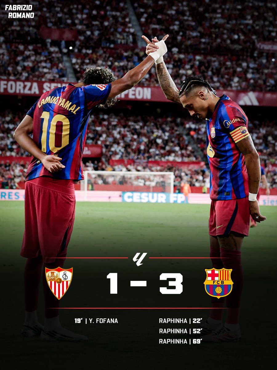 FabrizioRomano's tweet photo. 🔵🔴🤖 Another Barcelona show with Raphinha hat-trick and two assists by Lamine Yamal! 🇧🇷

100% wins this season in all competitions for Hansi Flick’s Barça. 🔥

Who’s been your Man of the Match? https://t.co/WMY7Mmnc6L