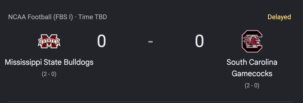 UnderdogCFB's tweet photo. Games currently in weather delays:

Clemson-UNC
FSU-Alabama
Miss St-South Carolina https://t.co/VCN48SU1fu
