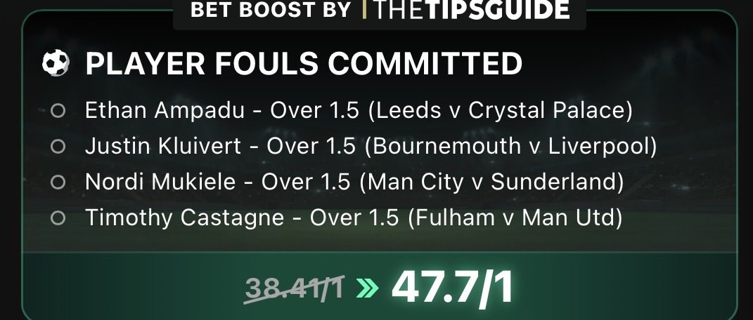 thetipsguide's tweet photo. Huge 47/1 Sunday Fouls Boost 🤞🏼

Load to your slip..

Here 👉 https://t.co/9u2k4xjTJ0

Price subject to change.

18+ gambleaware #AD T&amp;Cs apply https://t.co/2XU1vvxOES