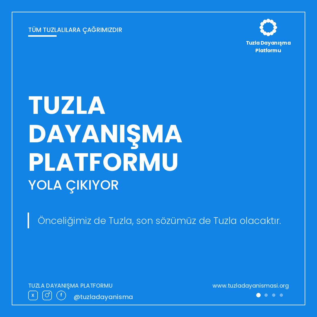 tuzladayanisma's tweet photo. TÜM TUZLALILARA ÇAĞRIMIZDIR

Bizler bu ilçede yaşayan, çalışan, çocuklarını büyüten yurttaşlarız. Bugün herhangi bir partinin değil, Tuzla'nın ortak sorunları etrafında yan yana gelmek için Tuzla Dayanışma Platformu'nu kuruyoruz.

Bildirinin tamamı için: https://t.co/ks4kr20iT1 https://t.co/et3qVnwwOB