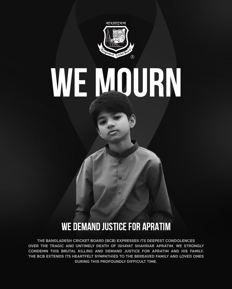 BCBtigers's tweet photo. Deepest condolences to the family and loved ones of Ishayat Shahriar Apratim. We stand with the family in this time of profound grief and demand justice for Apratim. https://t.co/7XuEFfE4kw