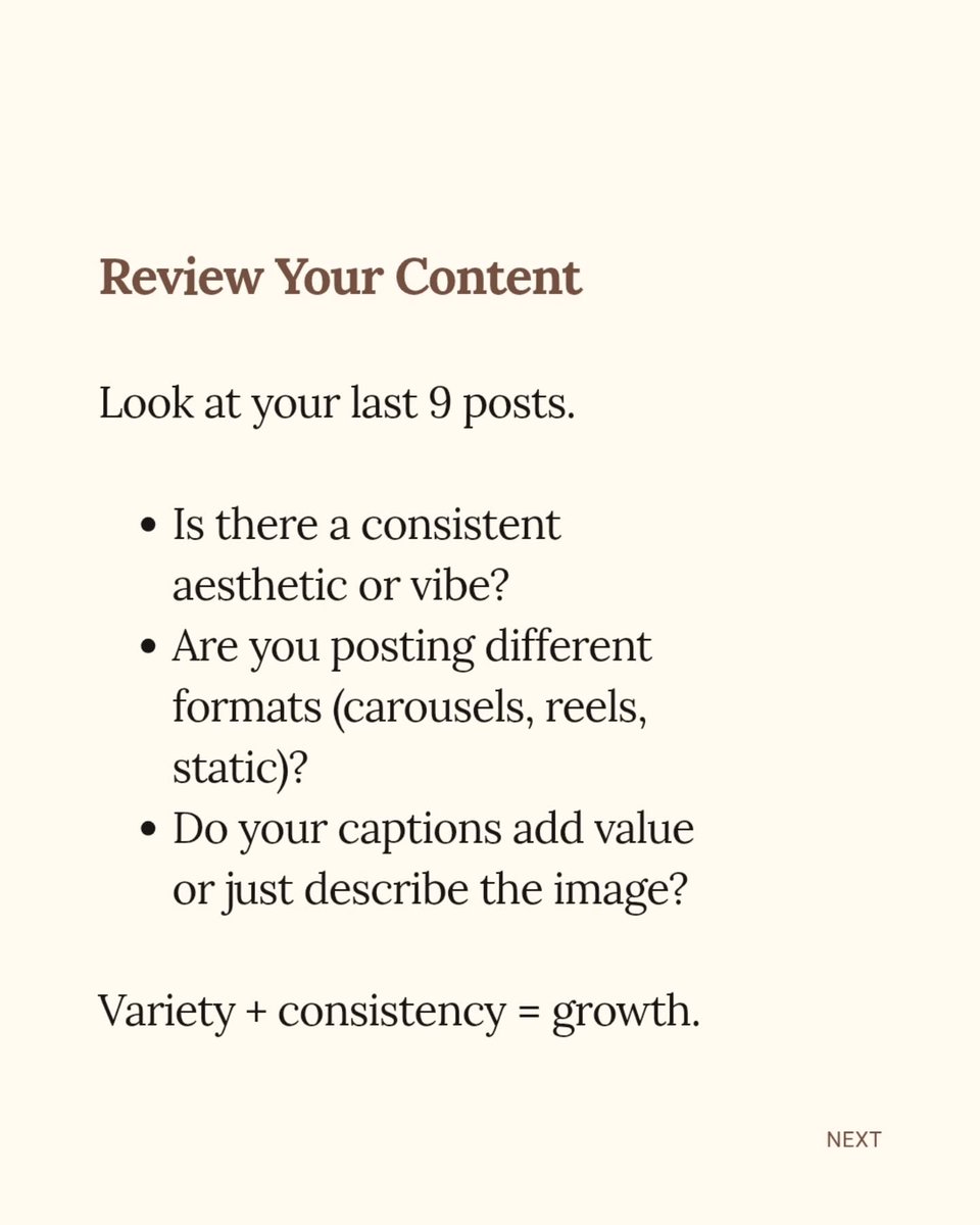 TrentRednoqi's tweet photo. You don’t need fancy tools to audit your Instagram—just 10 minutes and an honest review. Check your bio, content consistency, engagement, audience fit, and gaps. Identify problems, make a plan, repeat monthly, and watch your growth change. https://t.co/le1BZqCEVn