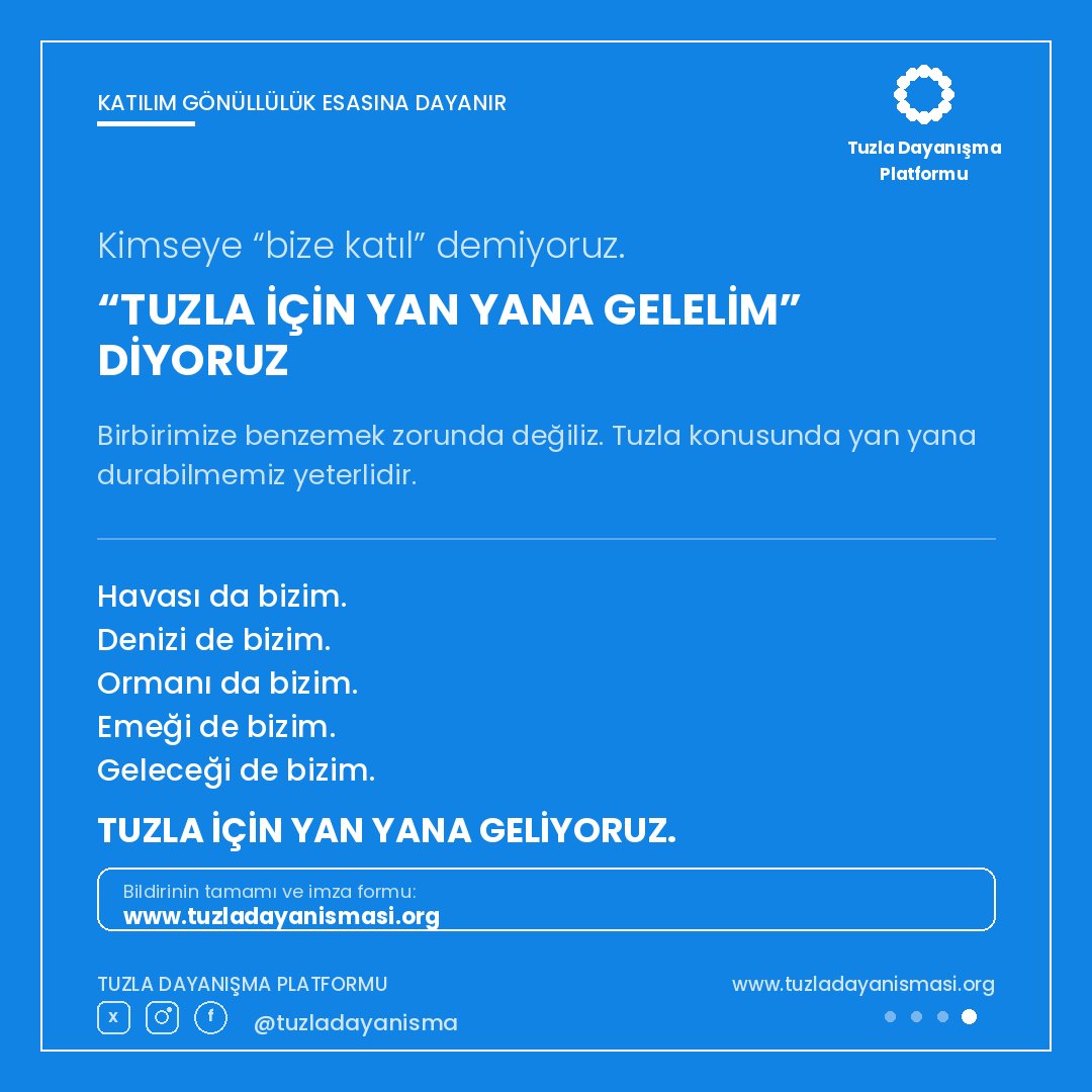 tuzladayanisma's tweet photo. TÜM TUZLALILARA ÇAĞRIMIZDIR

Bizler bu ilçede yaşayan, çalışan, çocuklarını büyüten yurttaşlarız. Bugün herhangi bir partinin değil, Tuzla'nın ortak sorunları etrafında yan yana gelmek için Tuzla Dayanışma Platformu'nu kuruyoruz.

Bildirinin tamamı için: https://t.co/ks4kr20iT1 https://t.co/et3qVnwwOB