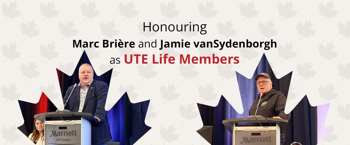 utesei's tweet photo. At the UTE Presidents’ Conference held September 17–19 at the Marriott Hotel in Ottawa, Marc Brière and Jamie vanSydenborgh were awarded Life Membership in the Union of Taxation Employees. 
👇Read the full message: https://t.co/1v632XywAh https://t.co/mnEVDKiQQo