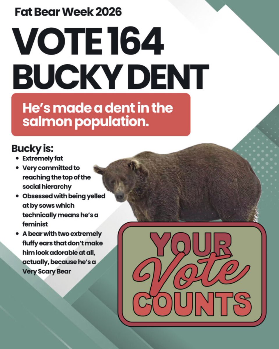 RipleyandNewt's tweet photo. Don’t forget to Vote in Fat Bear Week I’m definitely going Bucky over Chunk #fatbearweek https://t.co/83oXE7pdni