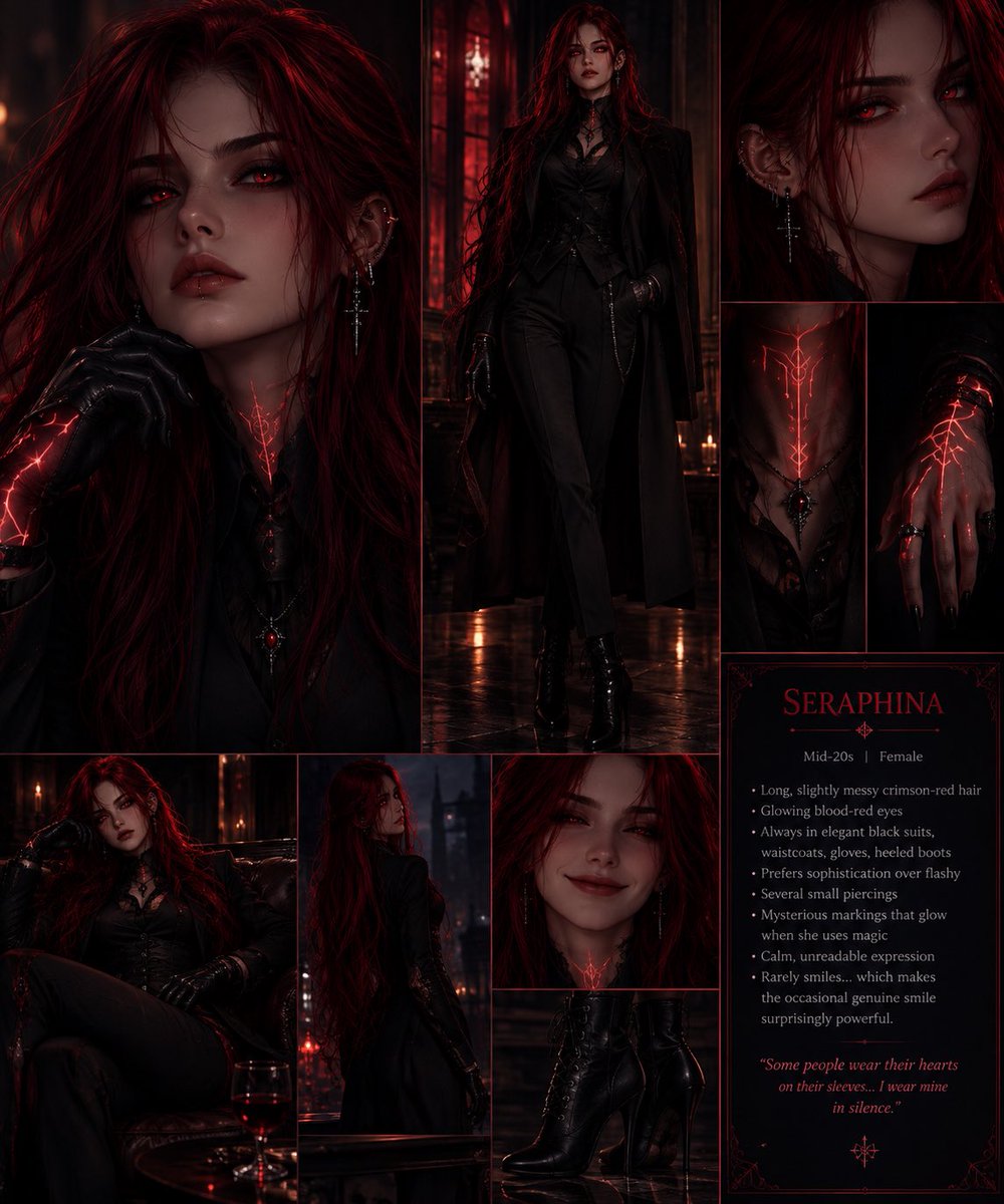 athy_snow's tweet photo. Meet Seraphina Veyne aka “Sera” 
Age:26
Species: human warklock
Occupation: Memory keeper/Secret broker 
Magic: Crimson Memory magic 
Alignment: Morally Grey

A mysterious crimson-haired warlock, red eyes, runs The Red Rooms 

Elegant, clever and dangerously calm. Knows more than she lets on. 

Just be careful what you tell her ….. 

She never forgets a secret ❤️