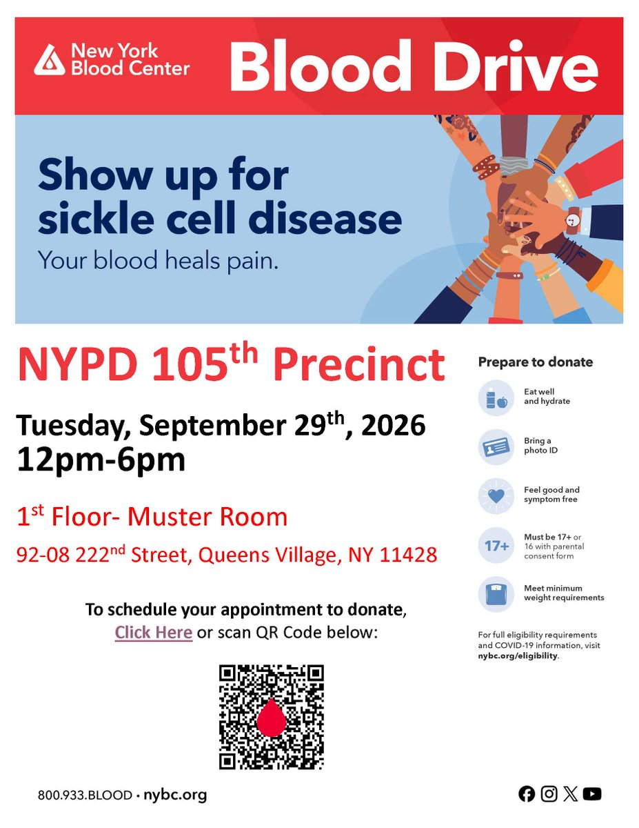NYPD105Pct's tweet photo. ***NEW DATE***

The New York Blood Center will host a Blood Drive on Tuesday September 29th from 12-6pm at the 105 Precinct.  If you'd like to schedule an appointment, please see QR code on the flyer.  Walk ins are welcomed as well! https://t.co/Vvvt19se3H