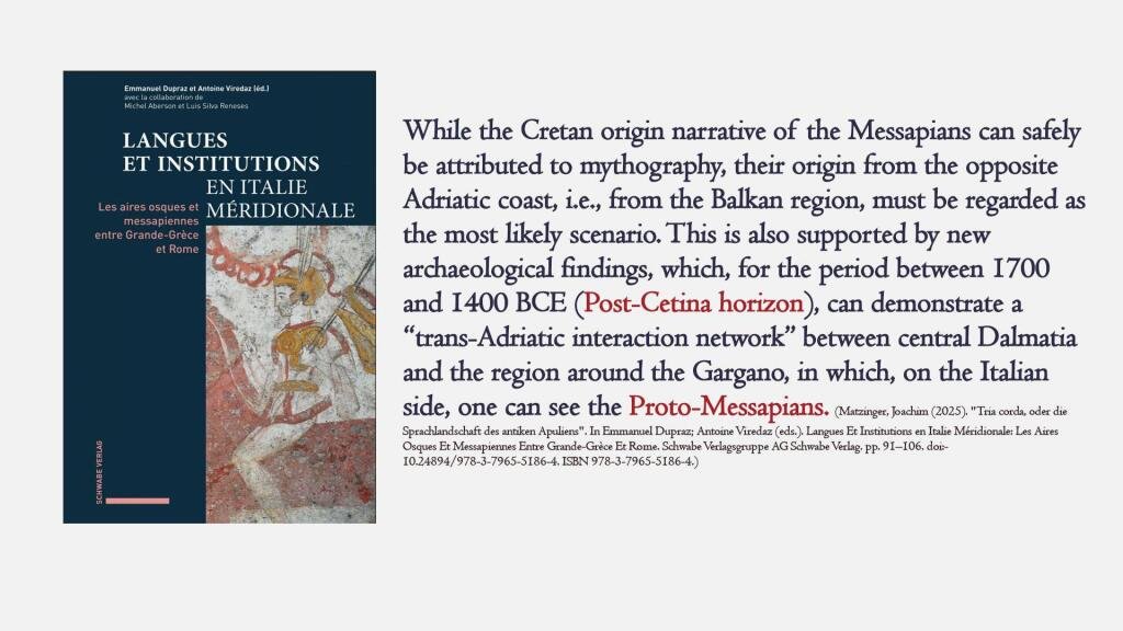accursedardan's tweet photo. The Messapic, Albanian's closest recorded language, links its settlement in Apulia to migrations from the east Adriatic during the post-Cetina phase. Cetina culture developed along the east Adriatic coastline from Dalmatia to Albania and further south in the EBA-MBA. https://t.co/A3cOJpPHdo