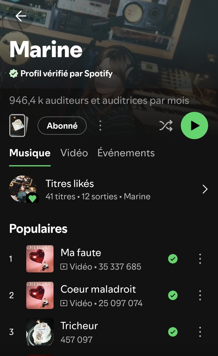 cd_land's tweet photo. Point hebdo du 18/9 des streams Spotify des 5 singles de #Marine
+275153 pour les 3 #MaFaute 💎 (moy. 39,3 k/jour)
+212002 pour #Tricheur (moy. 30,3 k/j)
+100287 pour #CoeurMaladroit 💿 (moy. 14,3 k/j)
+94454 pour #Escroc (13,5 k/j)
+74455 pour les 2 #RestesdAverses (10,6 k/j). https://t.co/VoJbze88uG