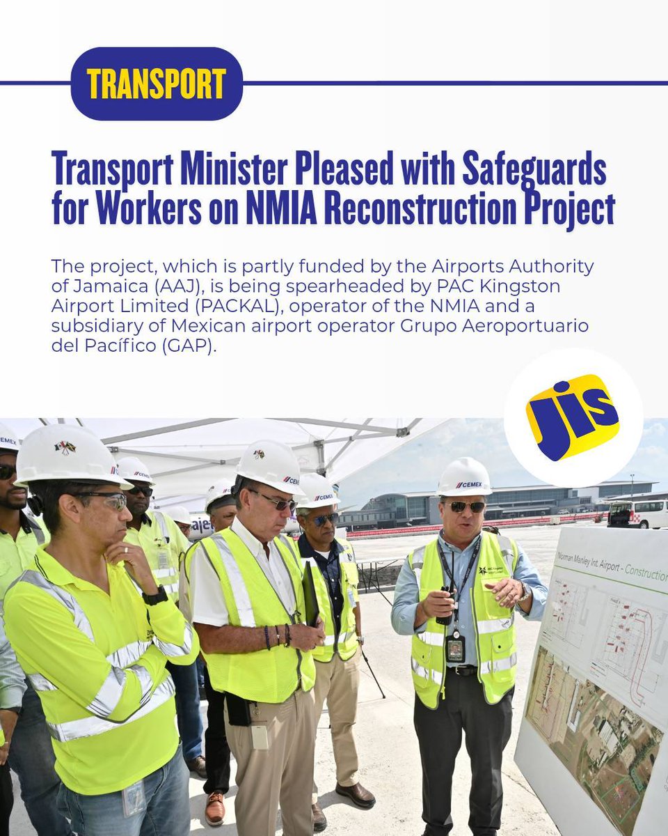 JISNews's tweet photo. Minister of Energy, Transport and Telecommunications (@METTJamaica), Hon. Daryl Vaz (@darylvazmp), says he is pleased with the safety measures implemented to protect workers as reconstruction and upgrade works commence on the aircraft apron at the Norman Manley International Airport (@NMIA_Airport) in Kingston. 

The project will involve the full reconstruction of NMIA’s 109,270-square-metre operational apron, with Cemex (@CEMEX) serving as the general contractor.

#JISNews #StayInformed #JISUpdates #METT