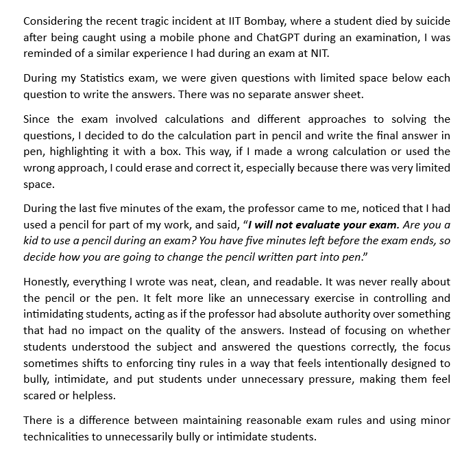 Divyam5001's tweet photo. After IIT Bombay Suicide tragedy, 

I recalled my NIT exam. In last 5 mins, prof threatened zero evaluation for a tiny formatting issue. Work was neat. It was not about rules, it is how some professors find ways to intentionally bully students over technicalities, not knowledge. https://t.co/OduMrwpuog