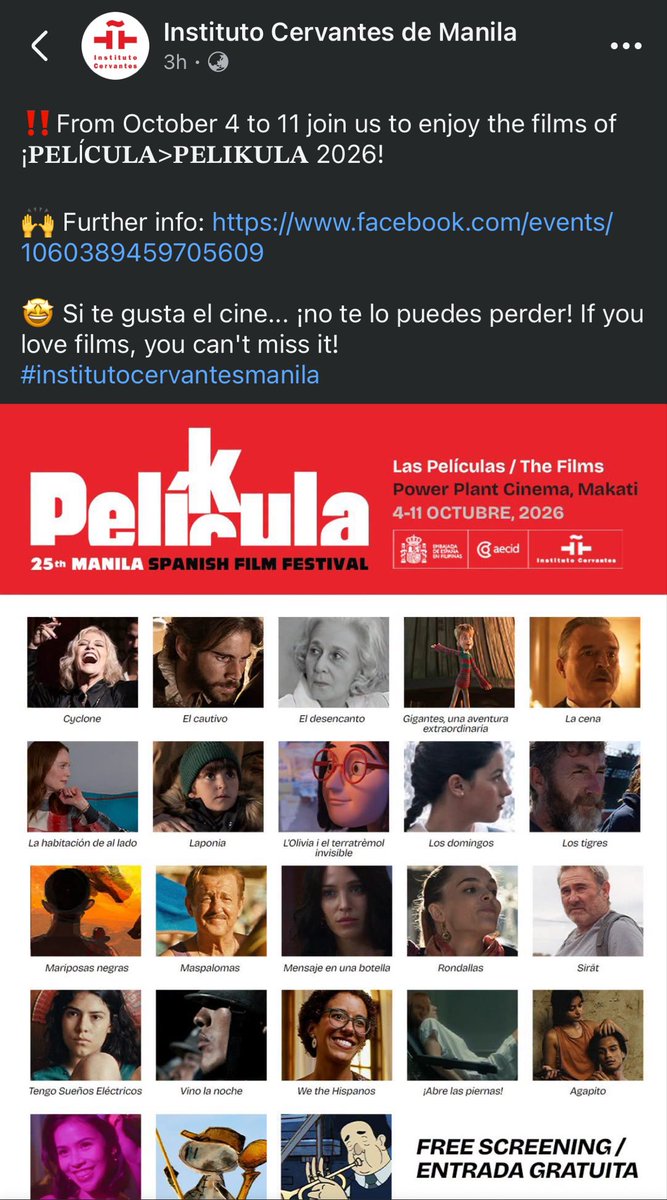 machoxxxdancer's tweet photo. 25th manila spanish film festival, ¡PELíCULA>PELICULA 2026,  just released their lineup!!! part of the lineup are two filipino shorts! 

elenita, elena, elaine (gabriela serrano, 2026) and 

agapito (arvin belarmino &amp; kyla danella romero, 2025)

free admission!! https://t.co/PicFm2D9KD