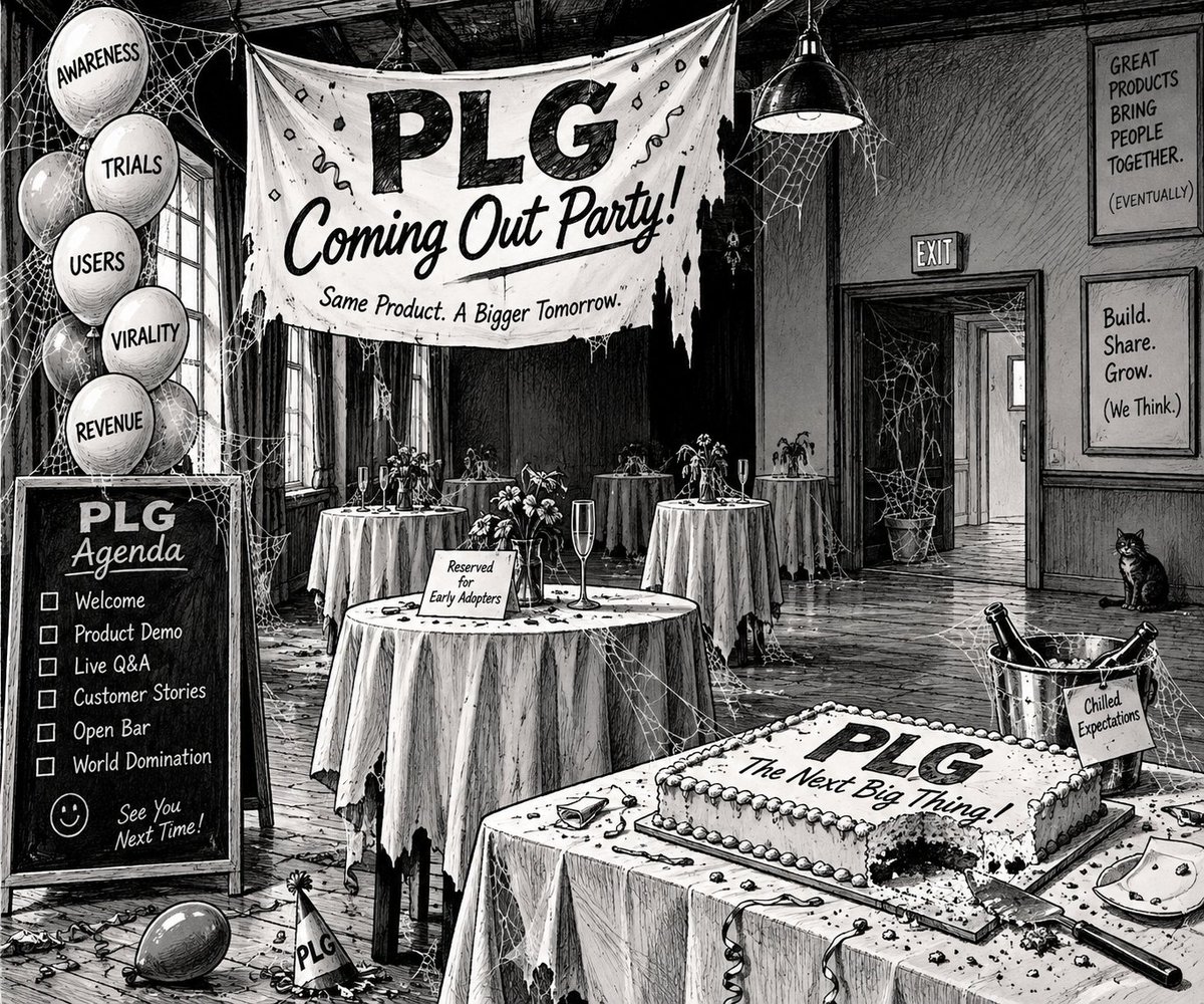 heydeedubya's tweet photo. The PLG Pivot: The party is decorated. The pricing is out. The banner is hung. The product has launched. The marketing is running. 

But the guests and their stories are conspicuously hard to find. https://t.co/5T6nx3ZOSB
